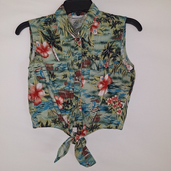 Newport News Tops - Vintage Newport News Tropical Hibiscus Tie Front Sleeveless Button Up Top S